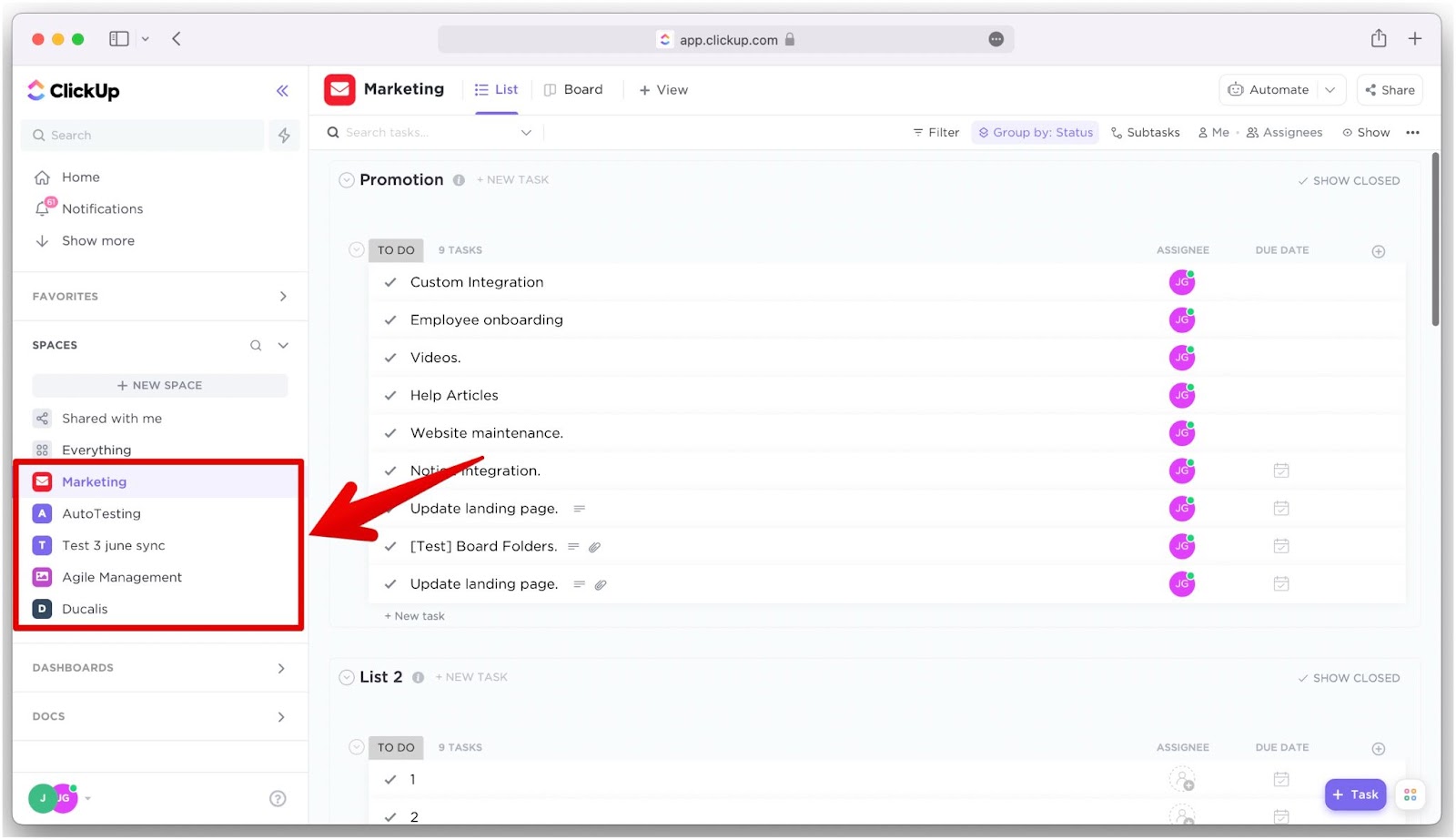 Space-Auswahl-Dropdown in ClickUp