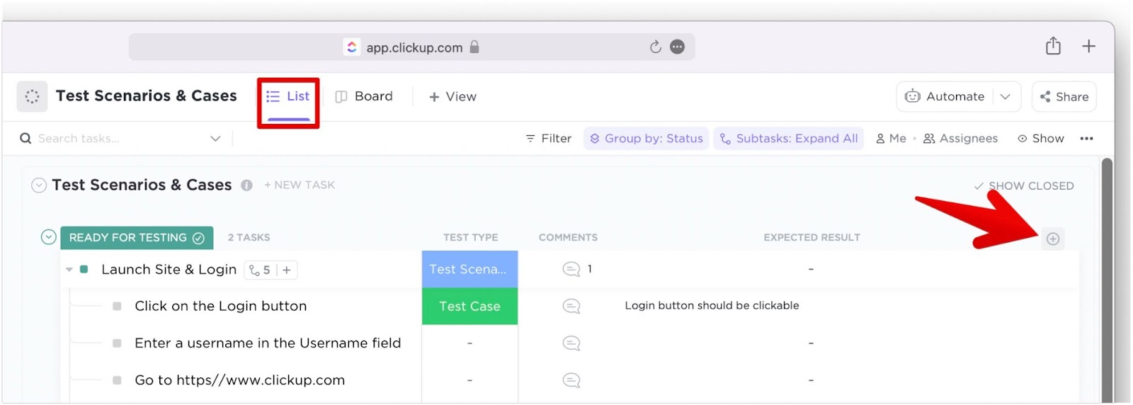 Plus-Symbol zum Hinzufügen von Spalten in der Listenansicht