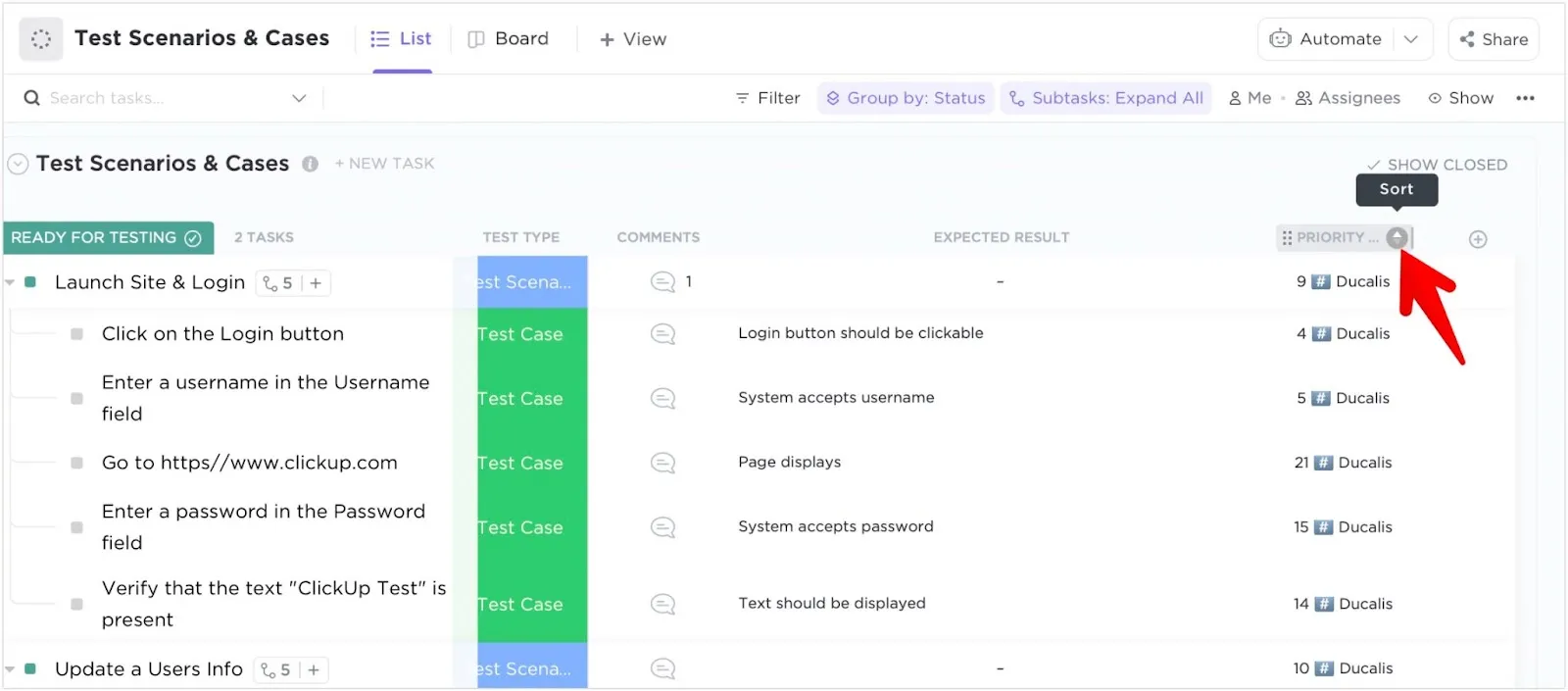 Priority フィールドヘッダーの並べ替えアイコン
