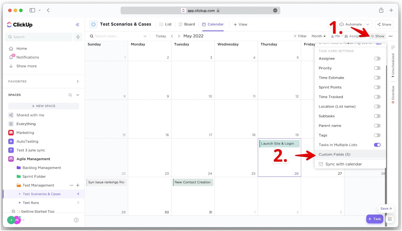 Custom fields-Option im Show-Menü der Kalenderansicht