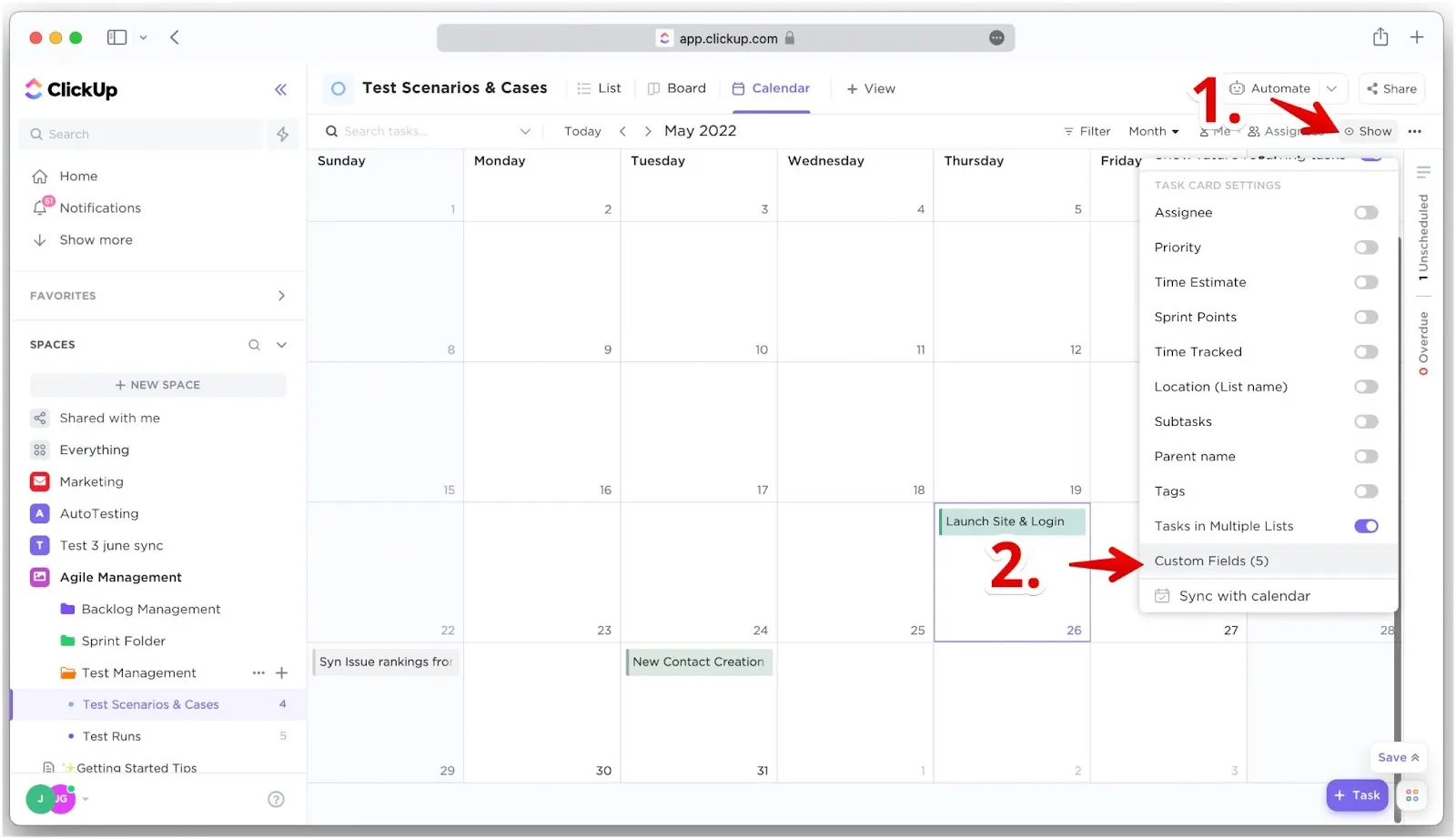 カレンダービューの表示メニューのカスタムフィールドオプション