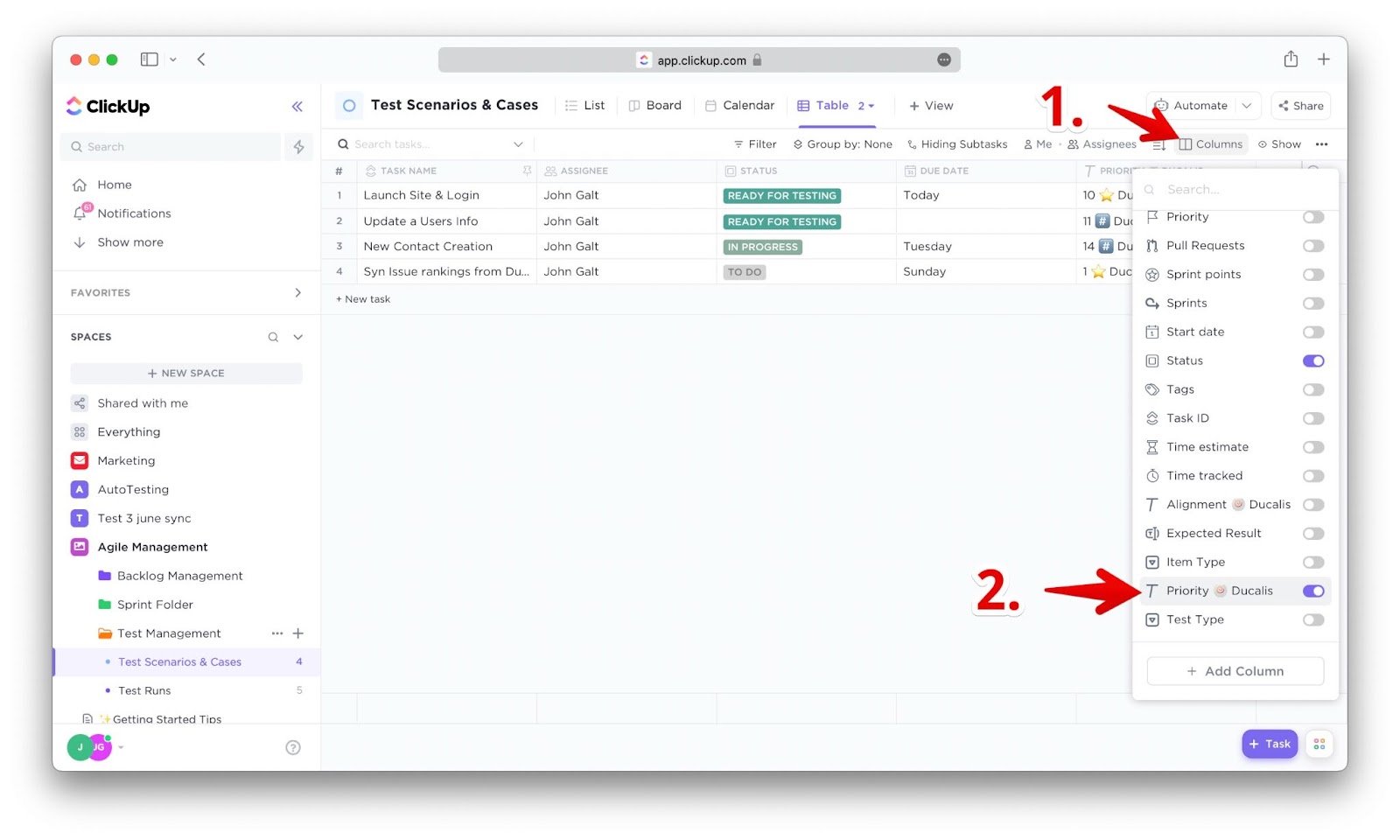 Priority-Feld in den Tabellenansicht-Spalten aktivieren