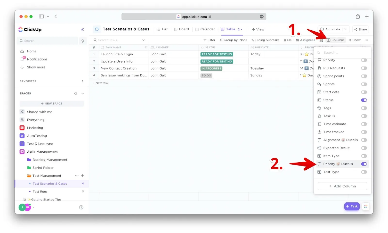 テーブルビューの列で Priority フィールドを有効化
