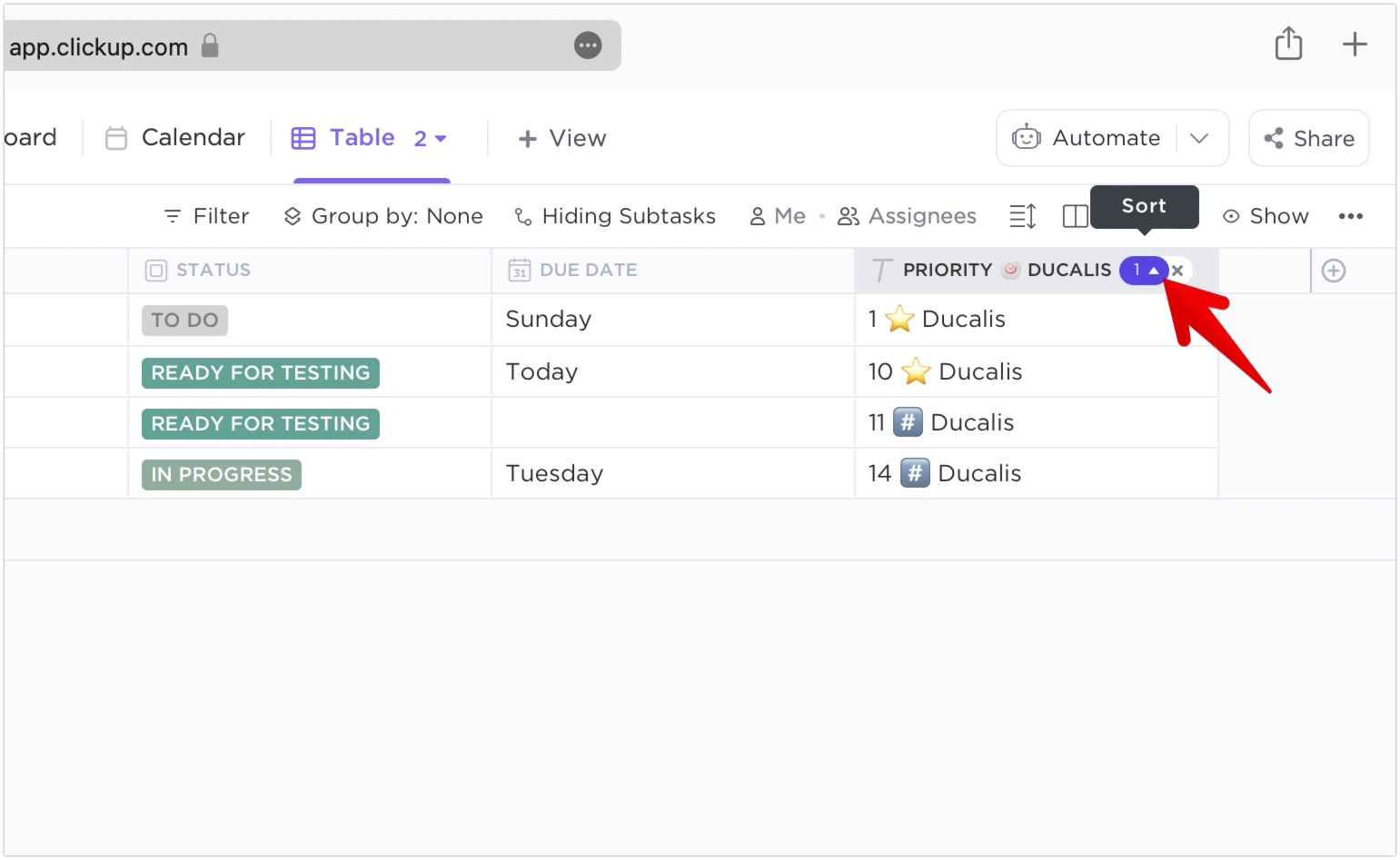Aufgaben nach Priorität in der Tabellenansicht sortieren