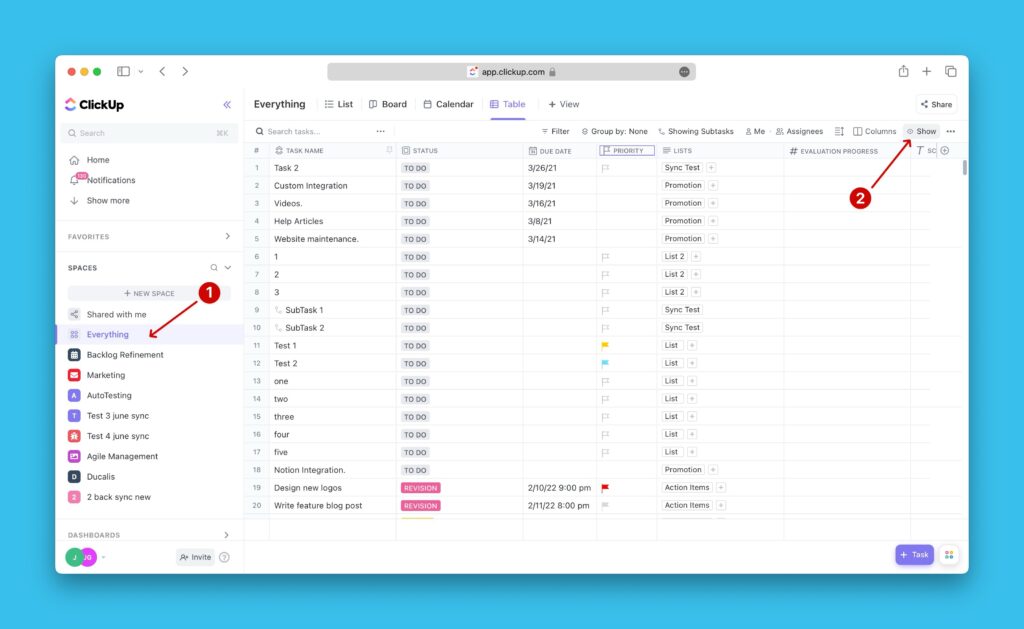 Everything-Ansicht in ClickUp