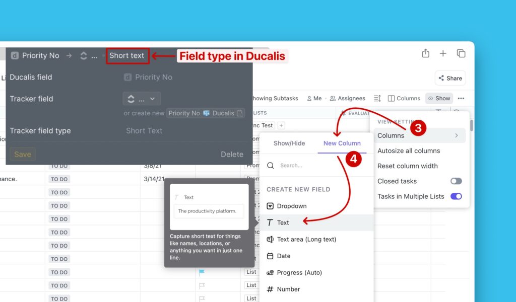 Auswahl des Textfeldtyps in ClickUp