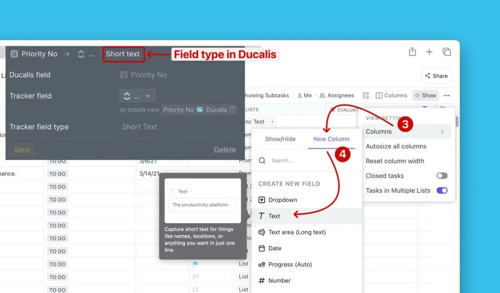ClickUp でテキストフィールドタイプを選択