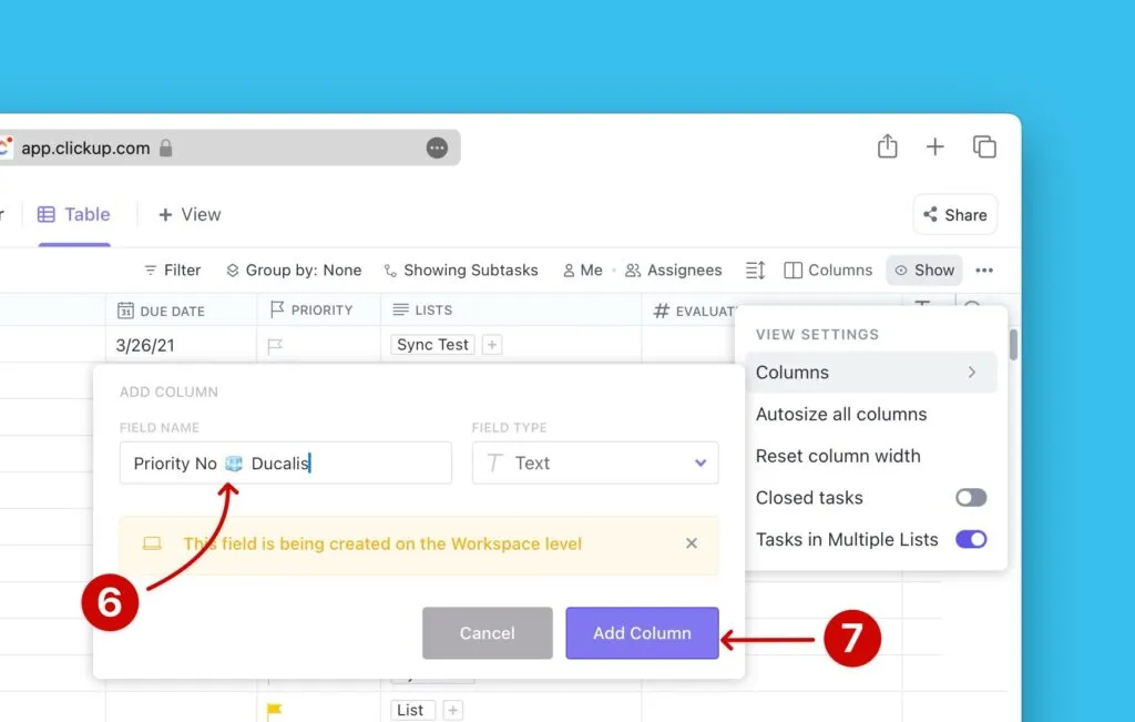 ClickUp の Add Column ボタン