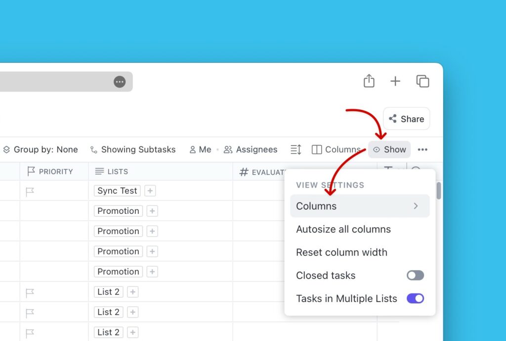 Anzeigen-Menü in ClickUp