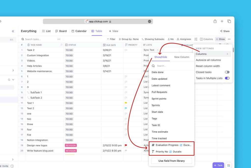 Anzeigen/Ausblenden-Spalteneinstellungen