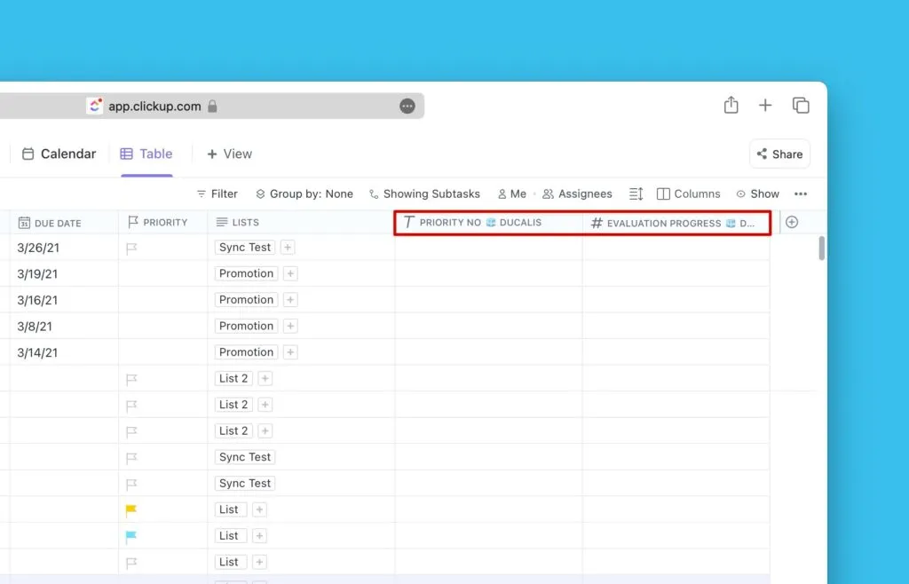 ClickUp リストビューに表示されるカスタムフィールド