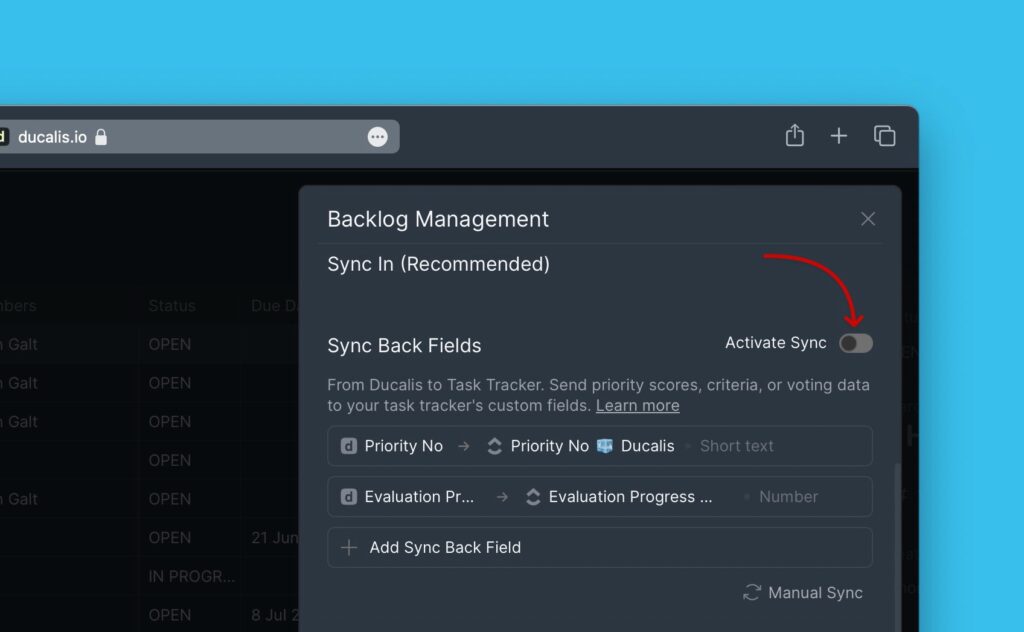 Sync-Back-Toggle aktivieren