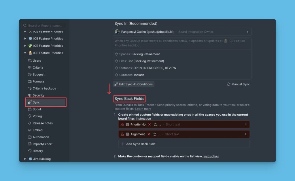 Abschnitt Sync-Back-Felder