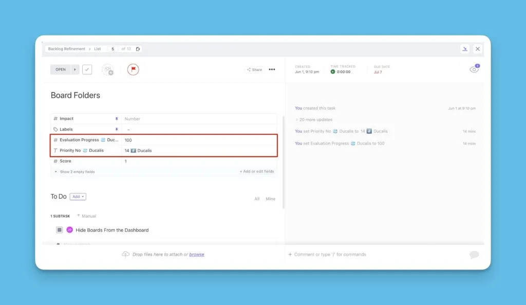 ClickUp タスクカードに表示される優先度データ
