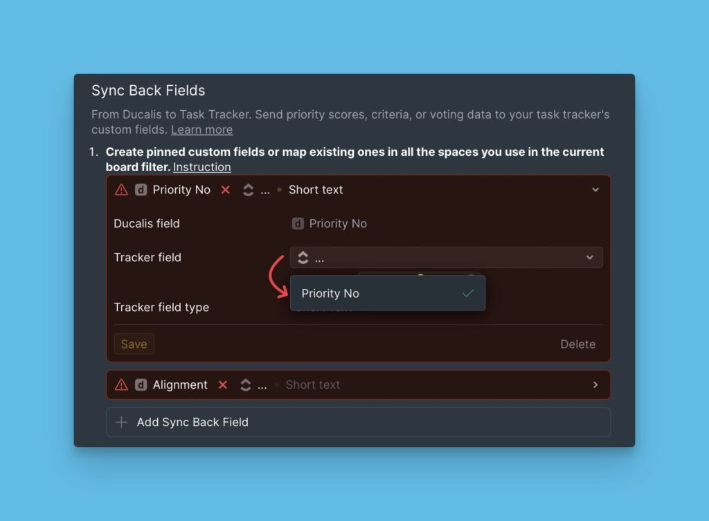Feldzuordnungs-Dropdown mit verfügbaren ClickUp-Feldern