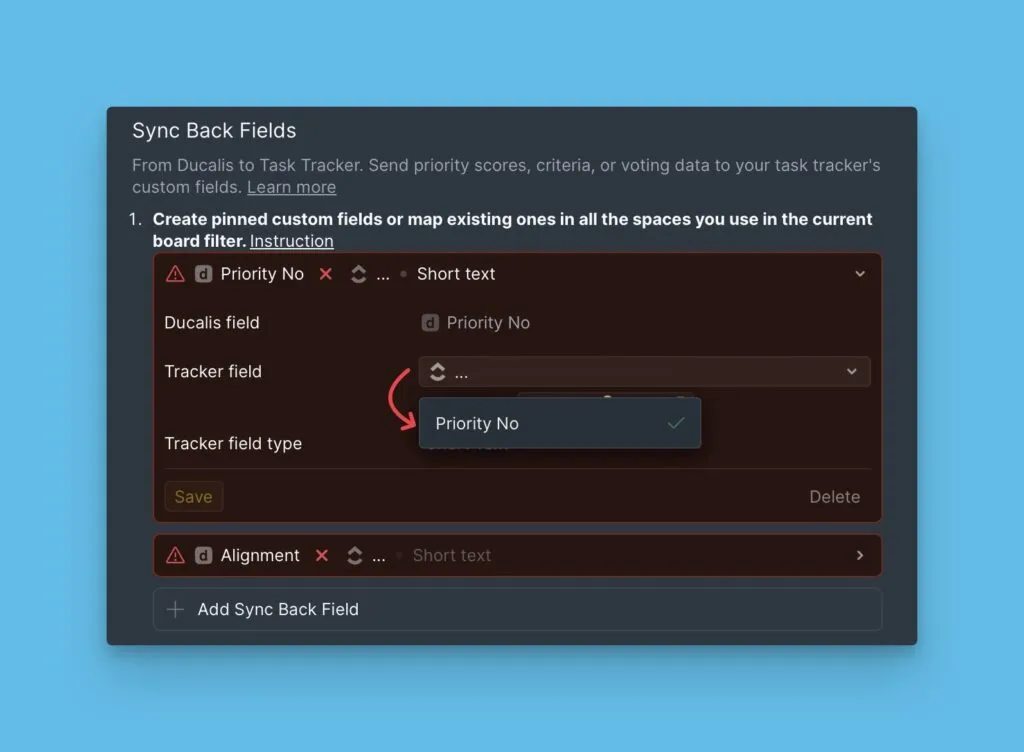 利用可能な ClickUp フィールドを表示するフィールドマッピングドロップダウン