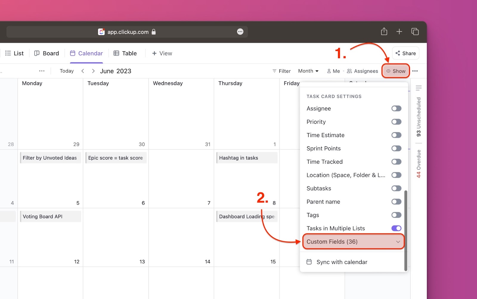 Option Benutzerdefinierte Felder in Kalenderansicht