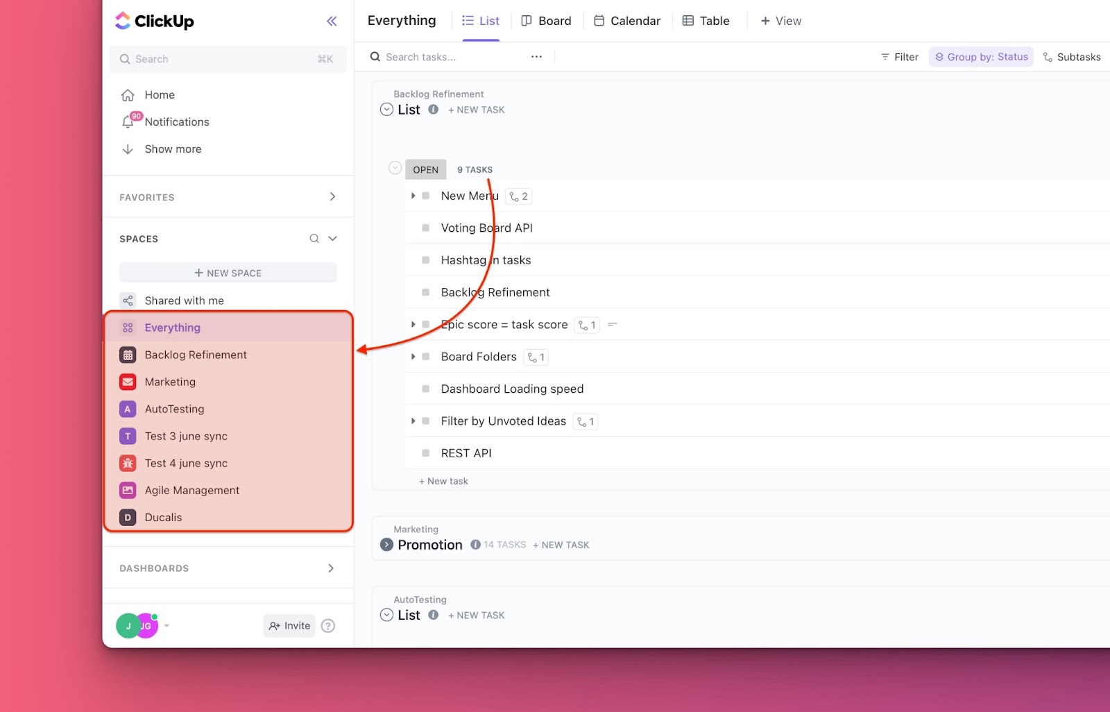 Auswahl eines Space oder einer Liste in ClickUp