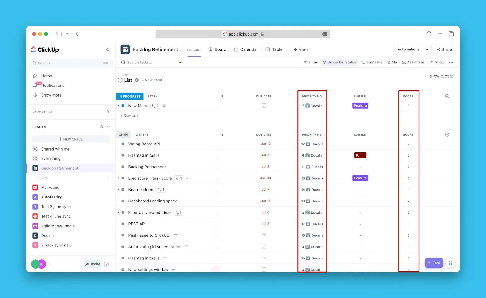 ClickUp フィールドに表示される同期データ