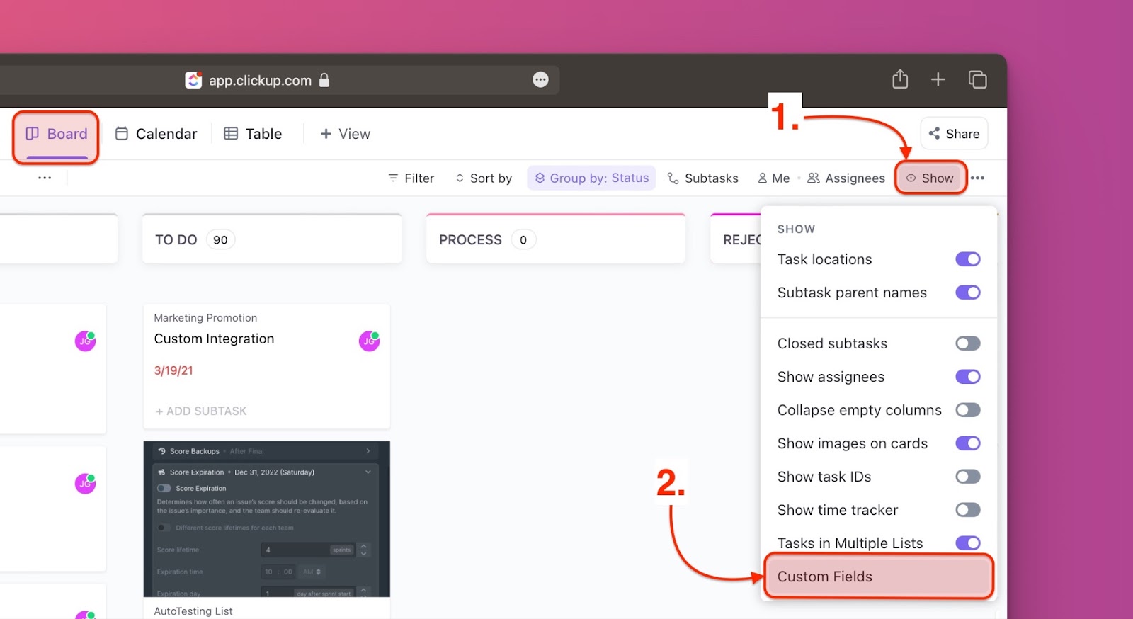 Menü Benutzerdefinierte Felder in Board-Ansicht