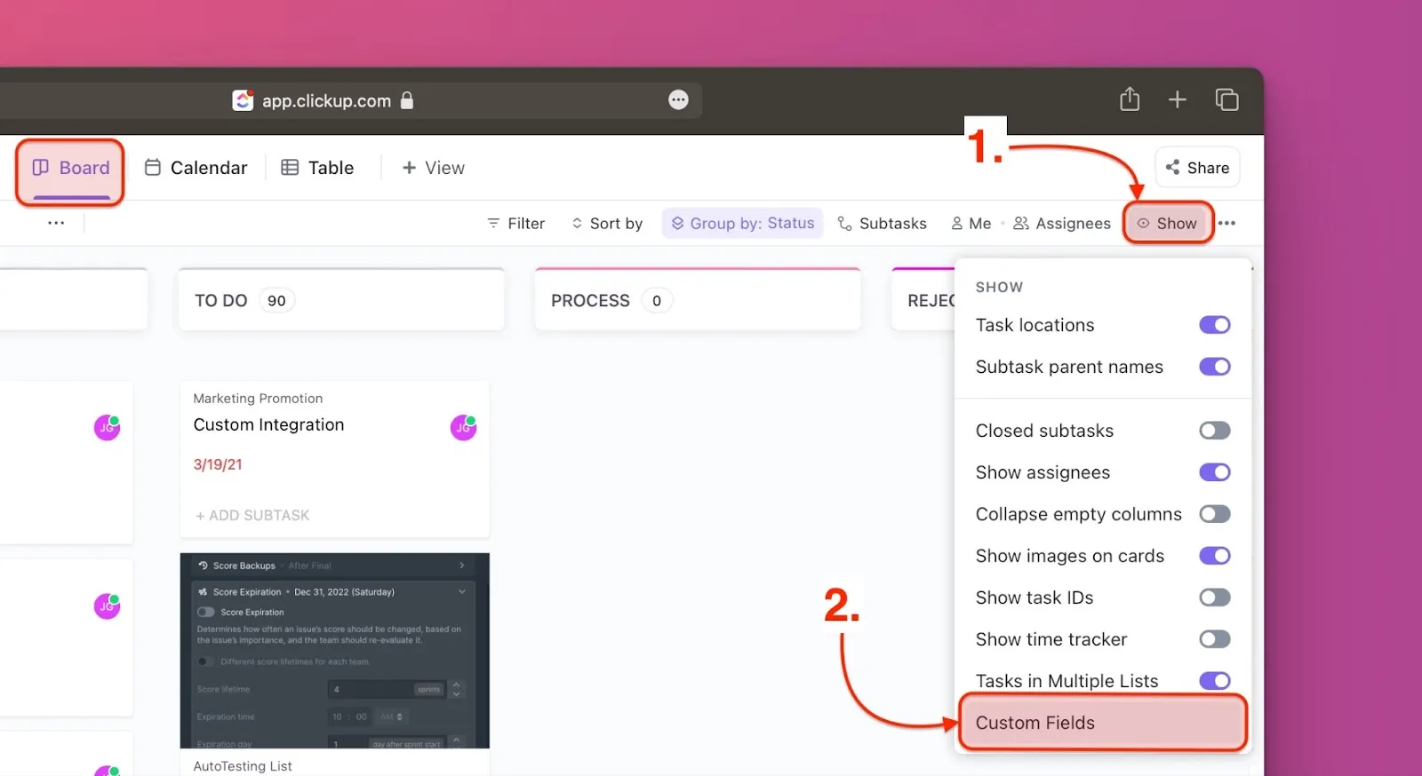 ボードビューの Custom Fields メニュー