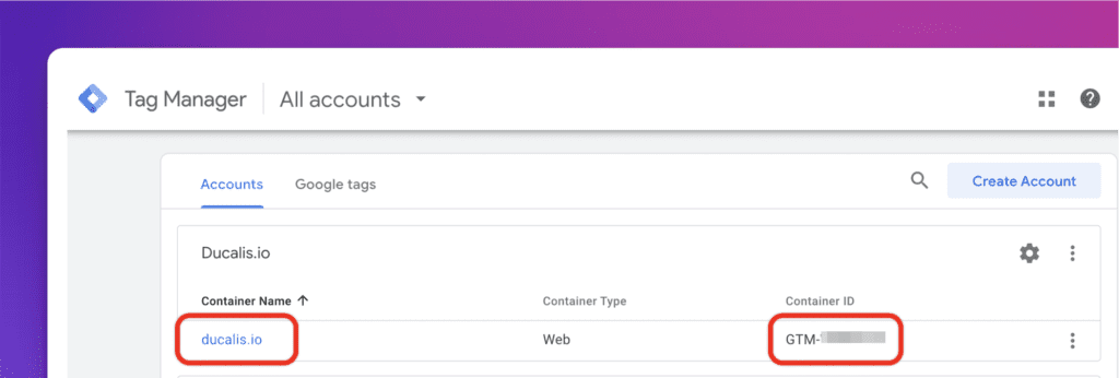 Standort der Container ID auf der Tag Manager Startseite