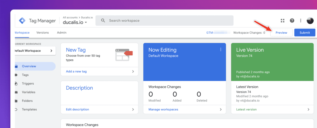 Preview-Button im Tag Manager Workspace