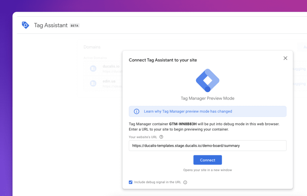 Tag Assistant のサイト URL 入力フィールド