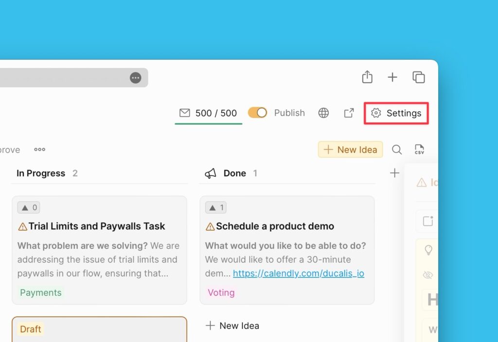 Einstellungen-Button in der Admin-Ansicht des Voting Boards