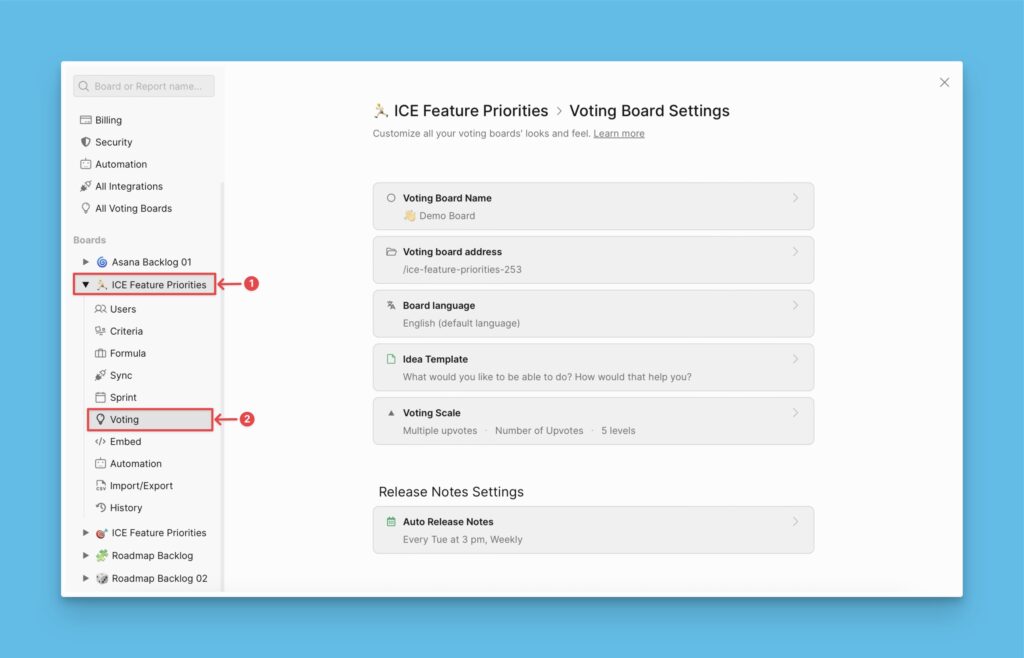 Voting Board-Einstellungen, die vom Prioritäts-Board aus aufgerufen wurden