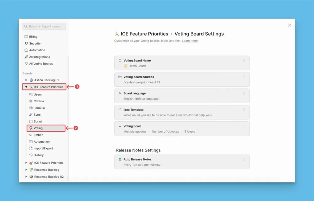 優先度ボードからアクセスする投票ボード設定