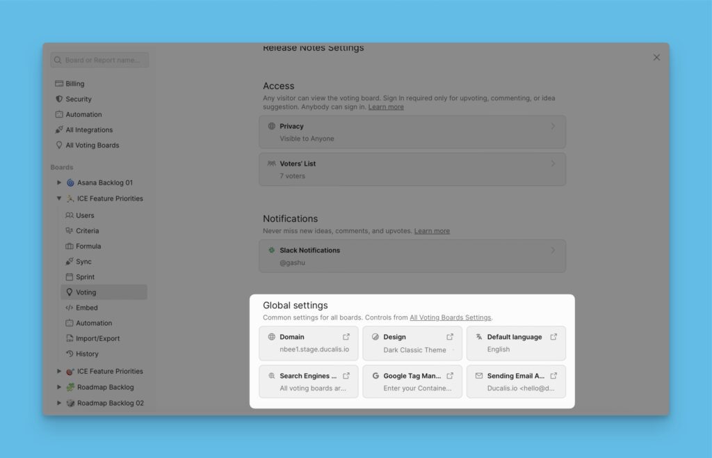 Globale Einstellungsseite für Voting Boards