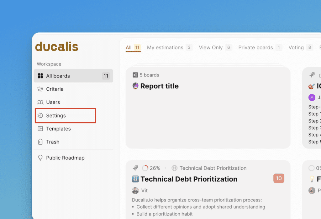 Einstellungsmenü im Dashboard