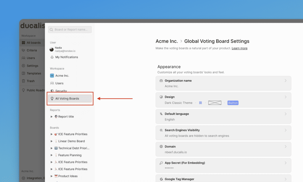 設定内のすべての投票ボードセクション