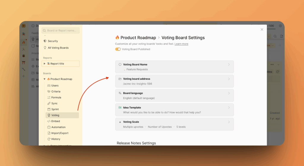 Voting-Einstellungsmenü für einzelnes Board