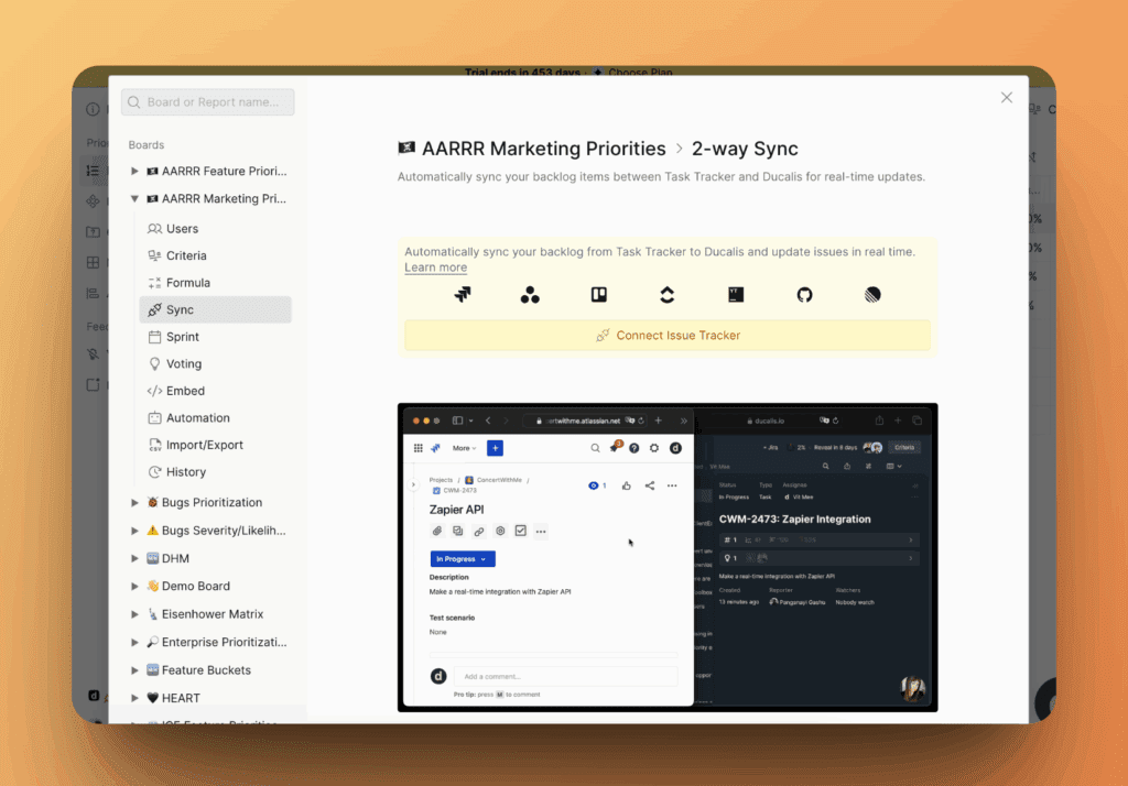 Integrationsauswahl-Bildschirm zum Verbinden von Task-Trackern