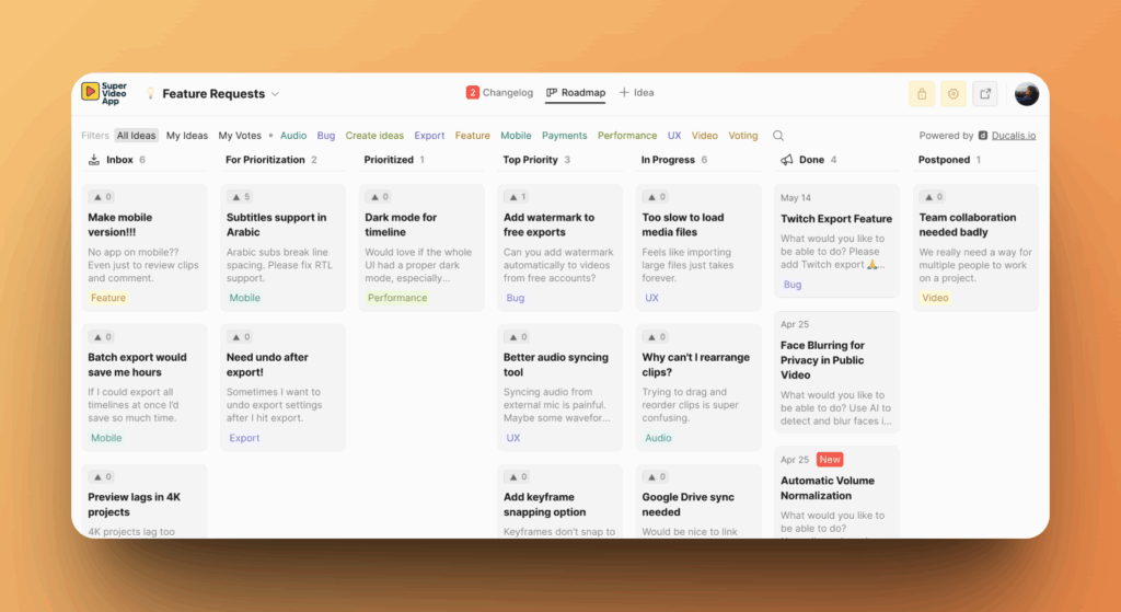 Öffentliche Roadmap mit nach Status-Spalten organisierten Ideen
