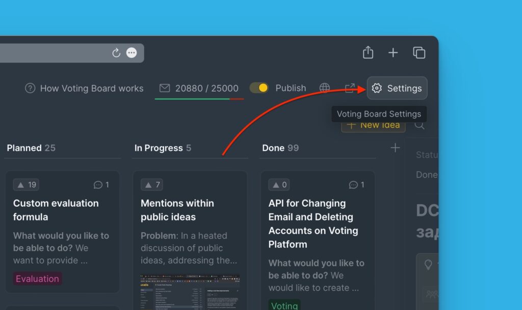 Voting Board-Einstellungsschaltfläche