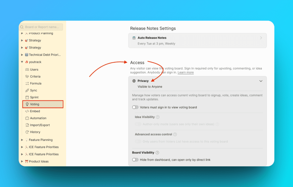 Privatsphäre-Einstellungen Abschnitt