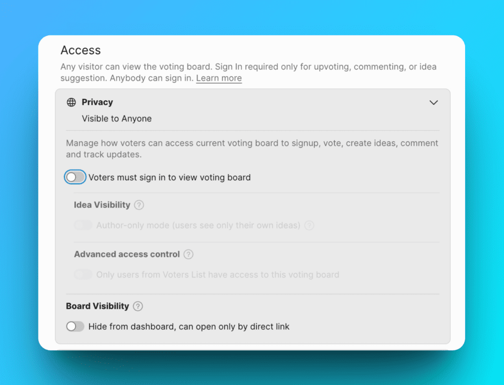 すべてのトグルが無効になった公開アクセス設定