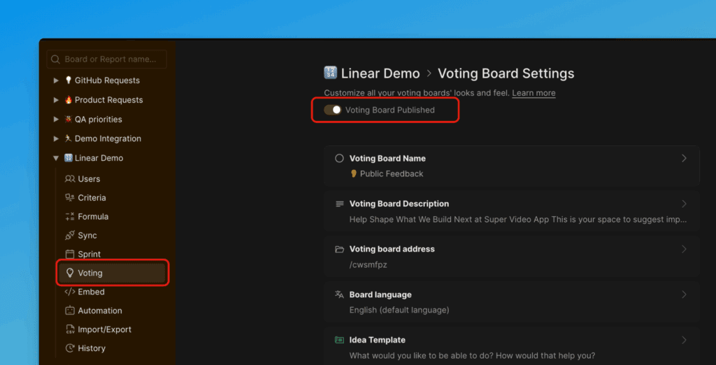 投票ボードを無効にする切り替え