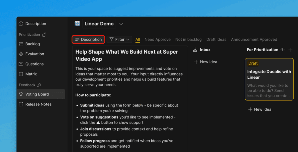 Board-Beschreibungsfeld