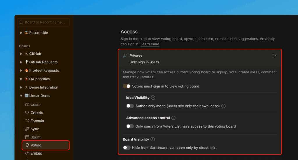 Board-Datenschutzeinstellungen
