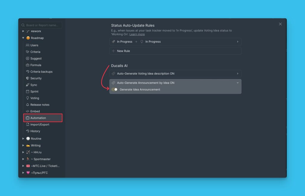 Automatisierungseinstellungen mit KI-Ankündigungs-Umschalter