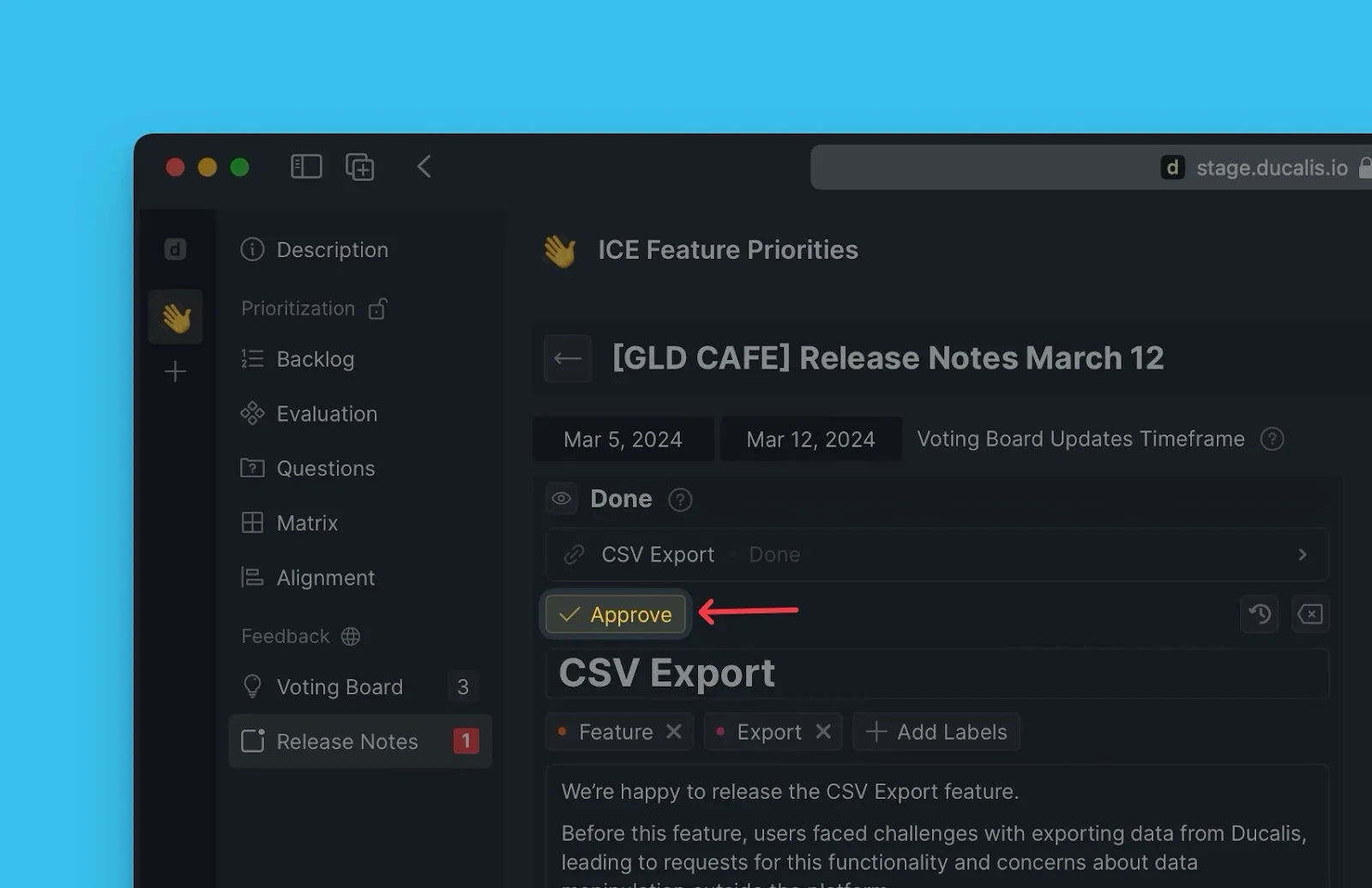 リリースノートでアナウンスを承認
