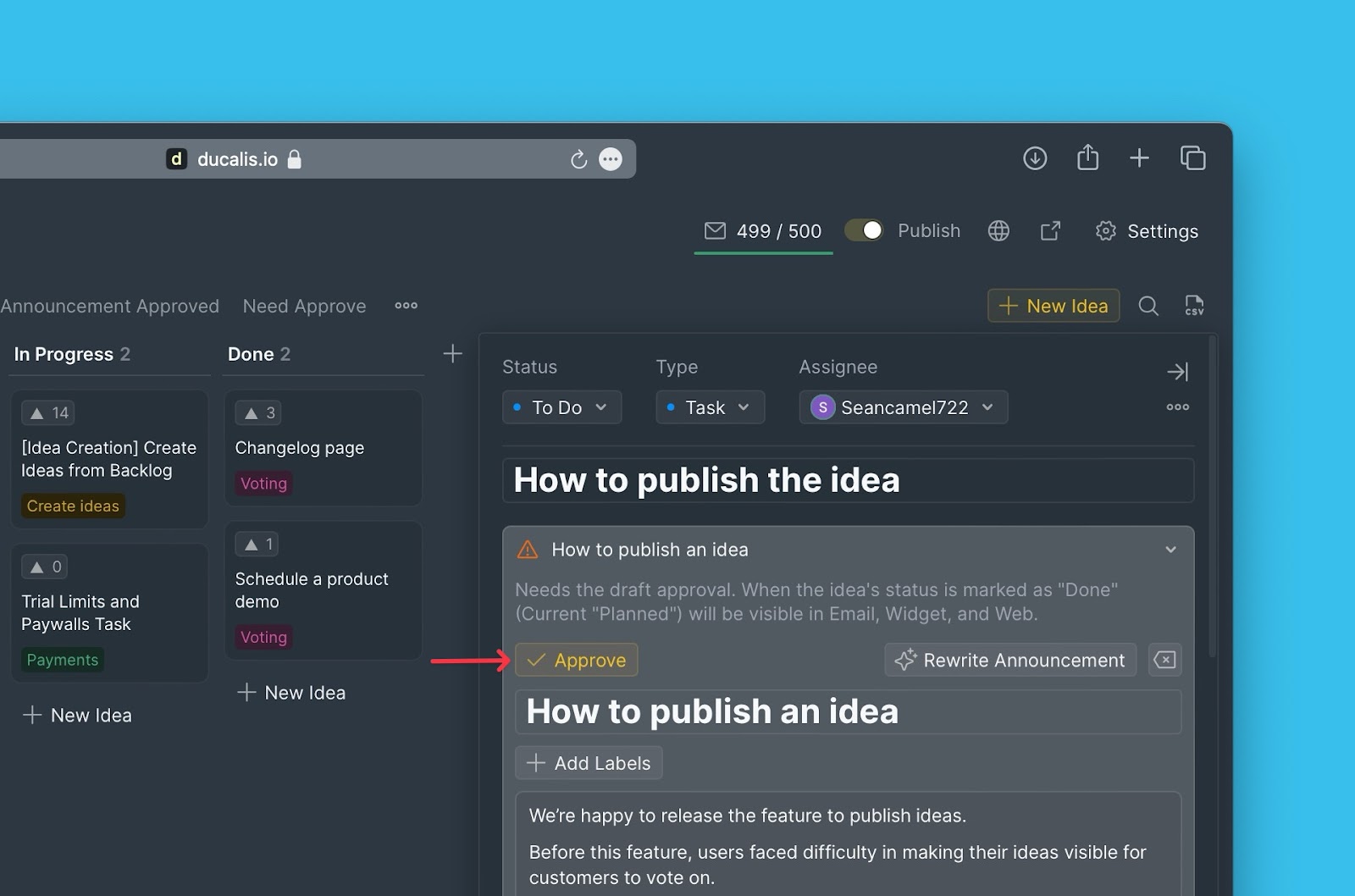 Button Ankündigung genehmigen