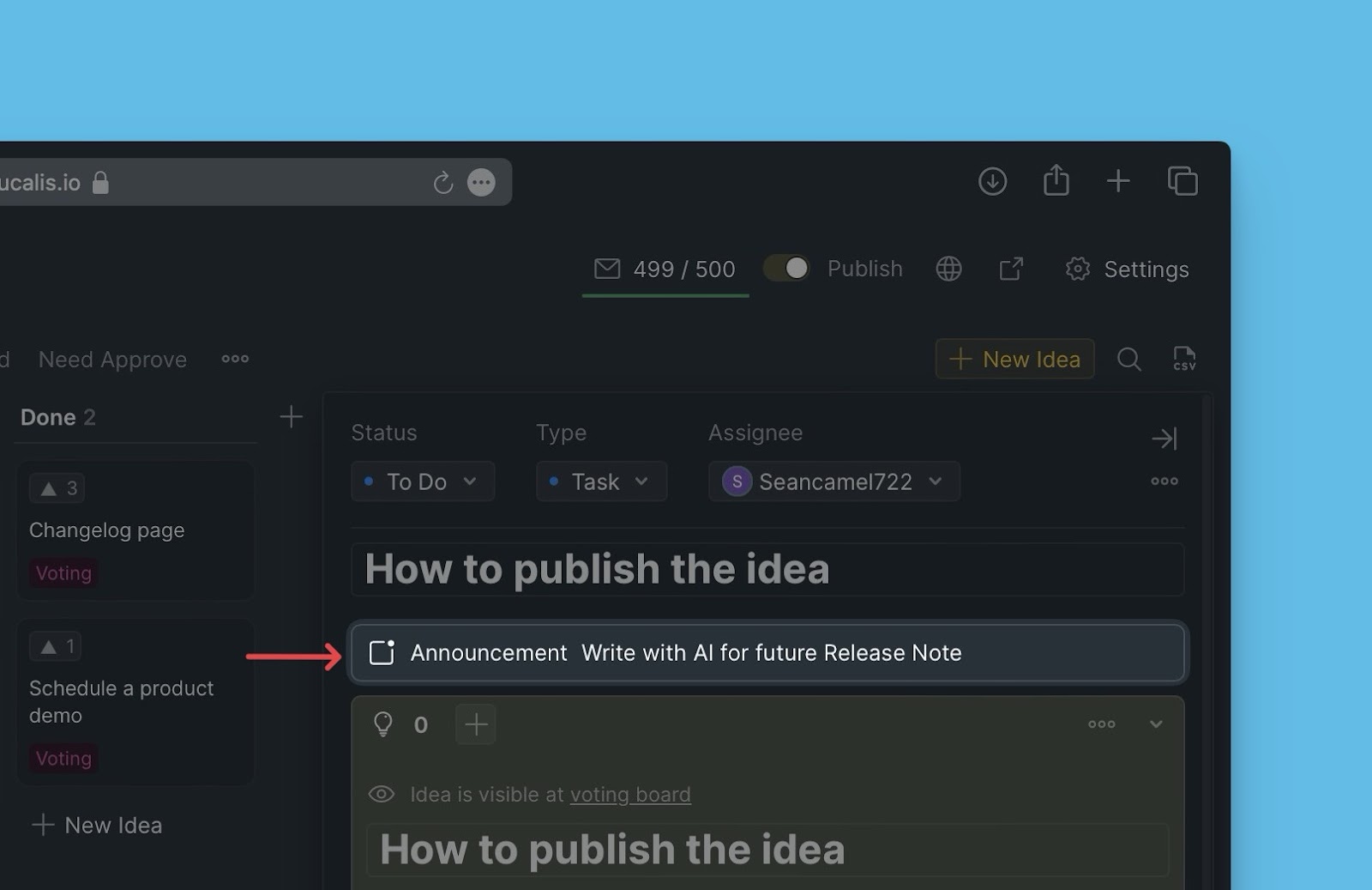 Ankündigungs-Button in der Ideenkarte