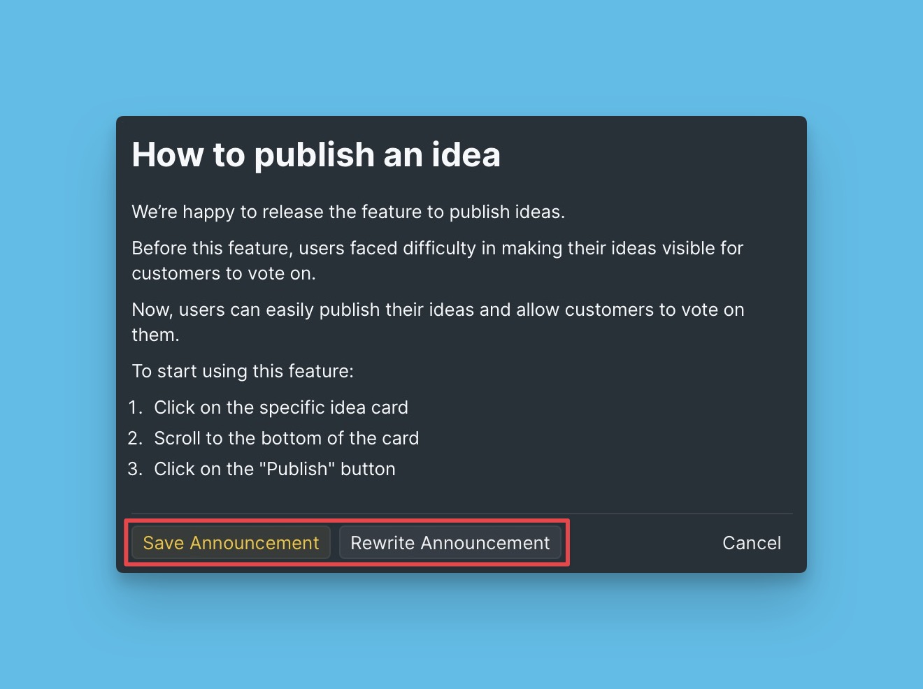 Buttons Ankündigung speichern oder Ankündigung neu schreiben