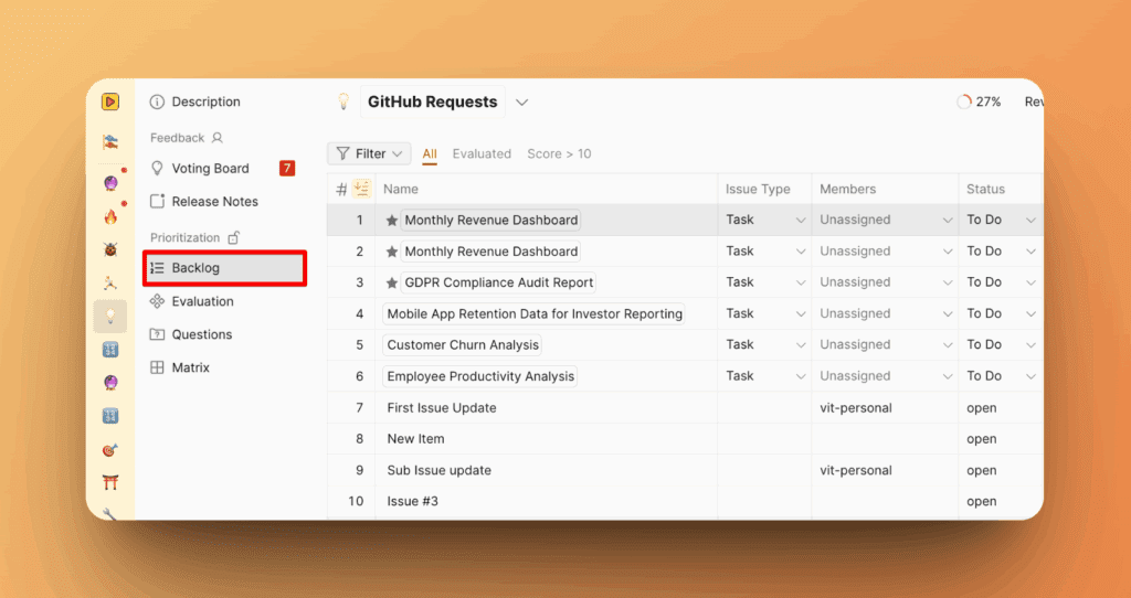 Navigation zum Backlog-Bereich