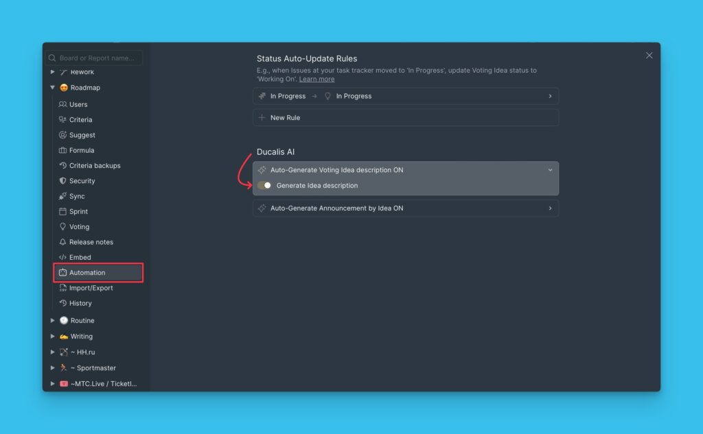 Automatisierungseinstellungen mit KI-Schalter